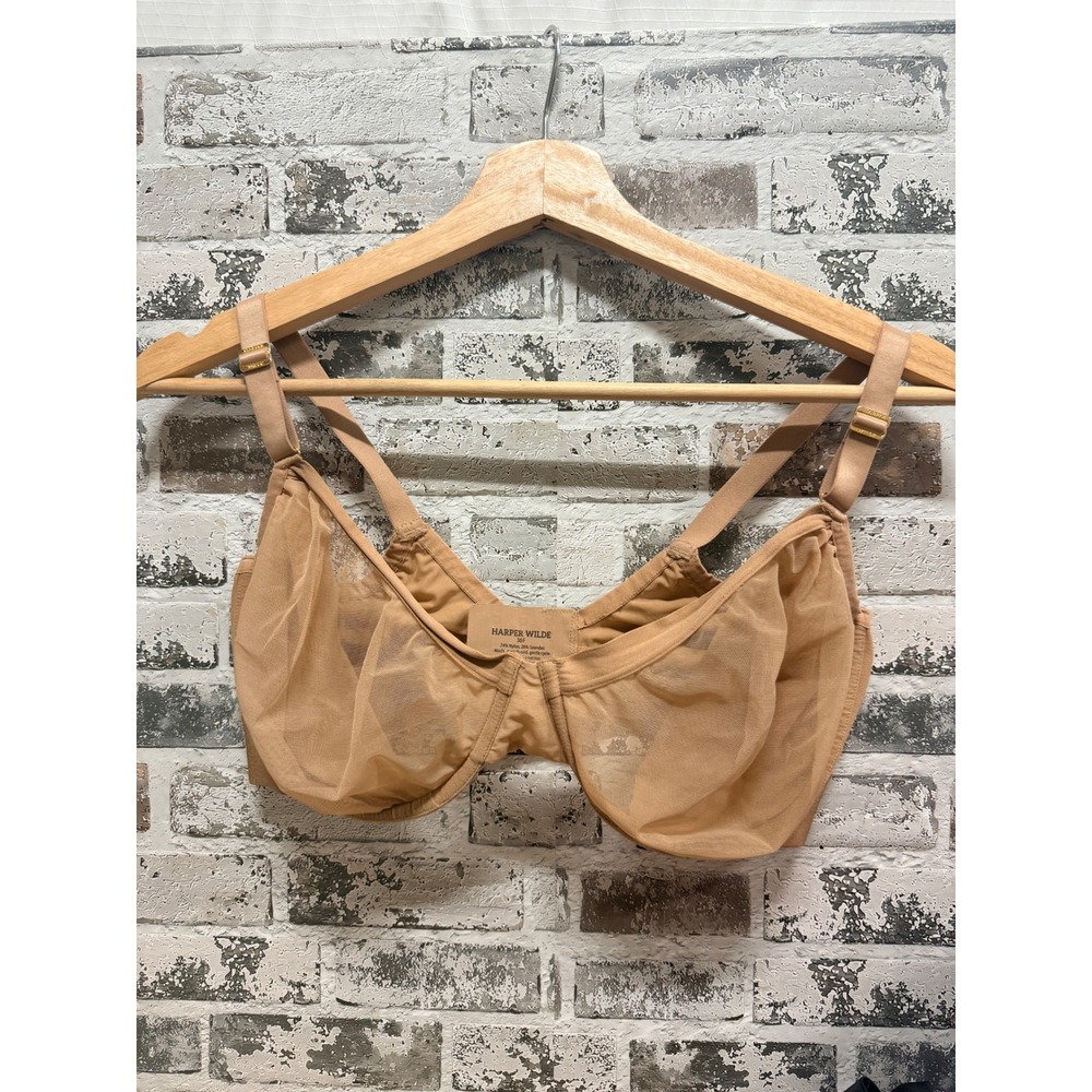 Harper Wilde The Bliss Underwire Bra Womens 36F Tan Sheer Mesh Unlined Support